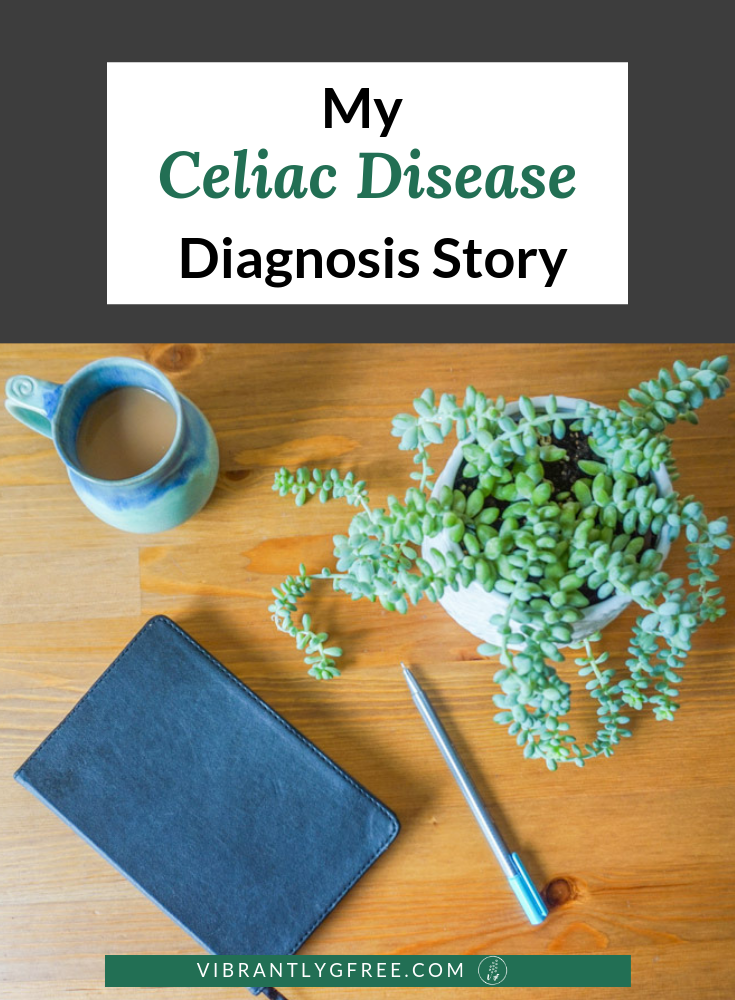 A journal, pen, and coffee with "My Celiac Disease Diagnosis Story" text overlay.